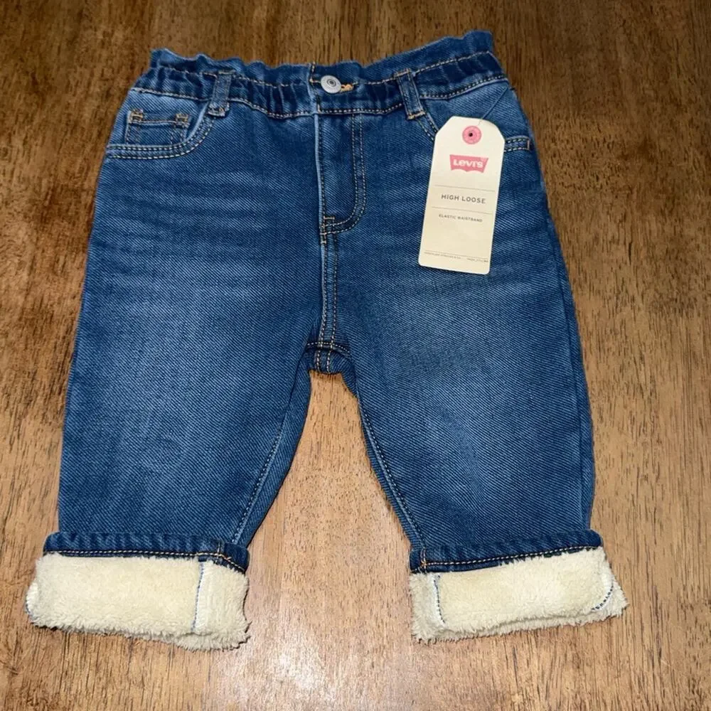 NEW LEVI’S SHERPA FLEECE LINED PULL UP ELASTIC WAISTBAND DENIM JEANS SZ 12m